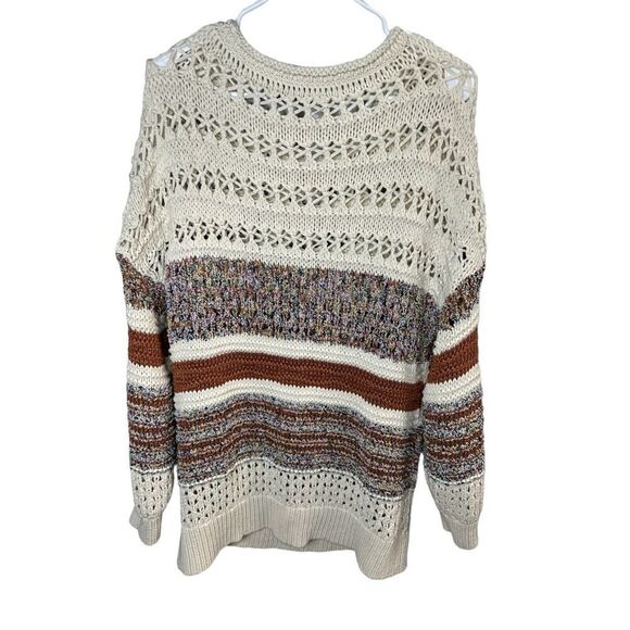 Zara XS-S Italian Yarn Cream & Brown Striped Crocheted Tunic Length Sweater - Picture 6 of 13